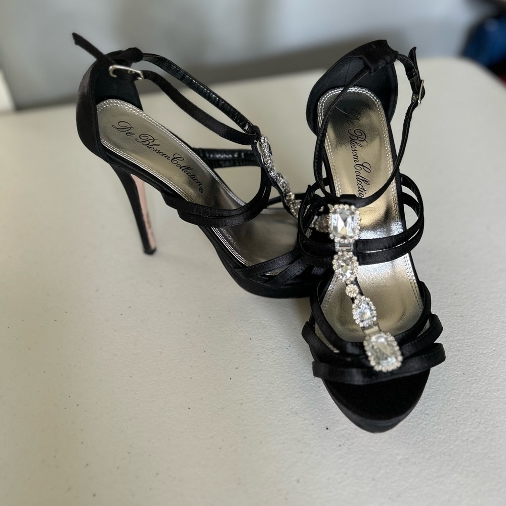 Black Satin Rhinestone Heels Size 7